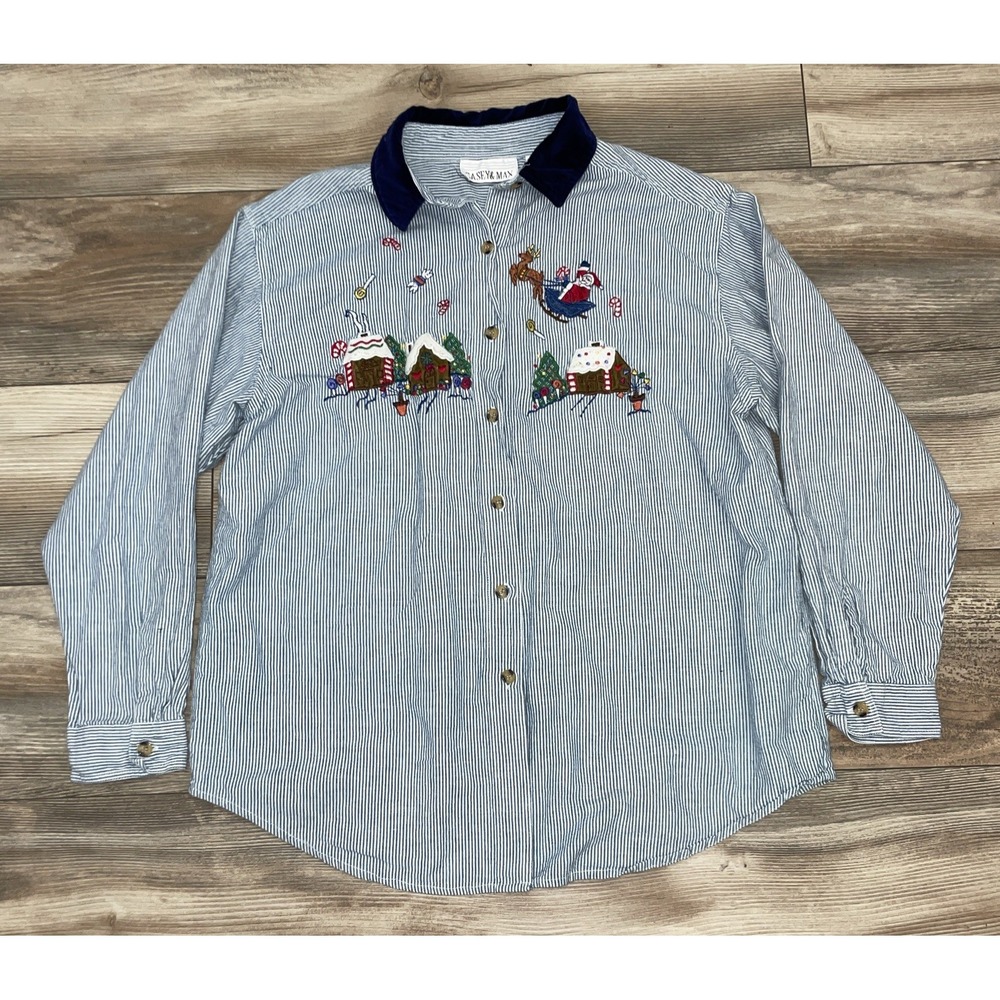 Casey & Max Christmas Embroidered Button Up Shirt Womens Large Blue Santa